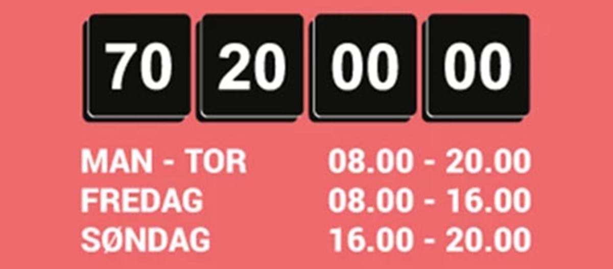 Telefon 70 20 00 00. Den Digitale Hotline er åben mandag til torsdag kl. 08.00-20.00, fredag kl. 08.00-16.00 og søndag kl. 16.00-20.00.